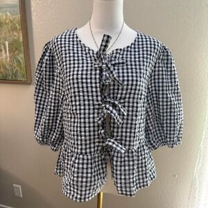 Vigoss Gingham‎ Puff Sleeve Tie-Front Top – NWT XL